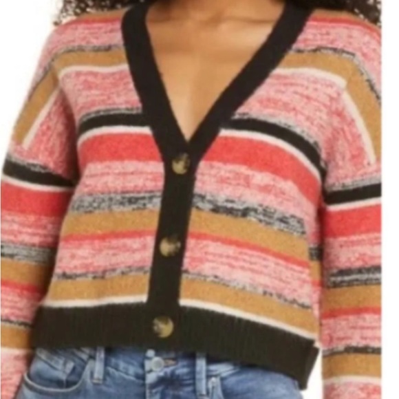 NWT BP Nordstrom’s Cropped Cardigan Button Front Striped Sweater in black SZ M - Picture 5 of 10